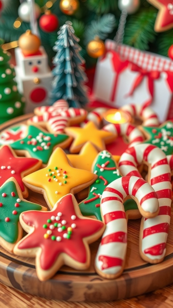 A variety of decorated Christmas cookies in festive shapes on a wooden platter.